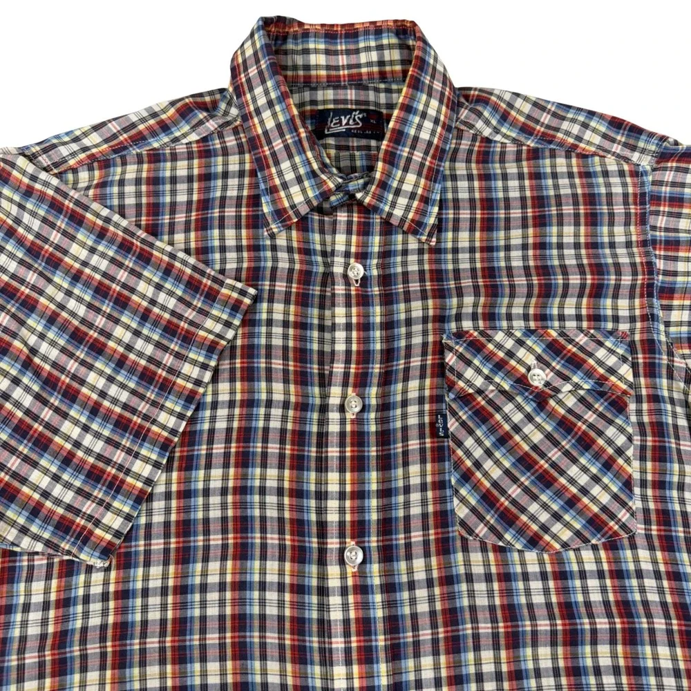 Levis‎ Mens XL Short Sleeve Plaid Shirt Vintage Multicolor Regular Fit Pocket